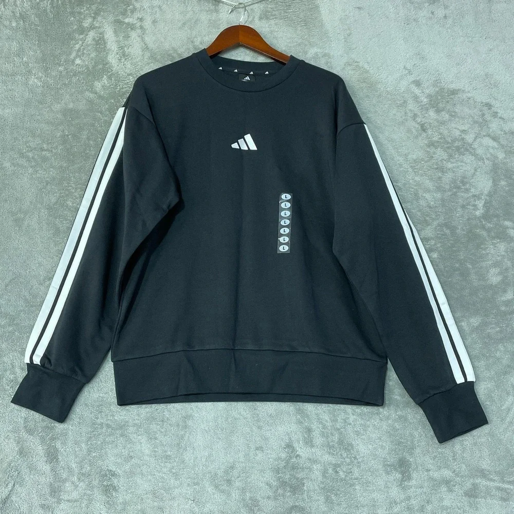NWT Adidas Men's Large Black Fleece Sweatshirt Cotton Blend 3 Striped Pull over